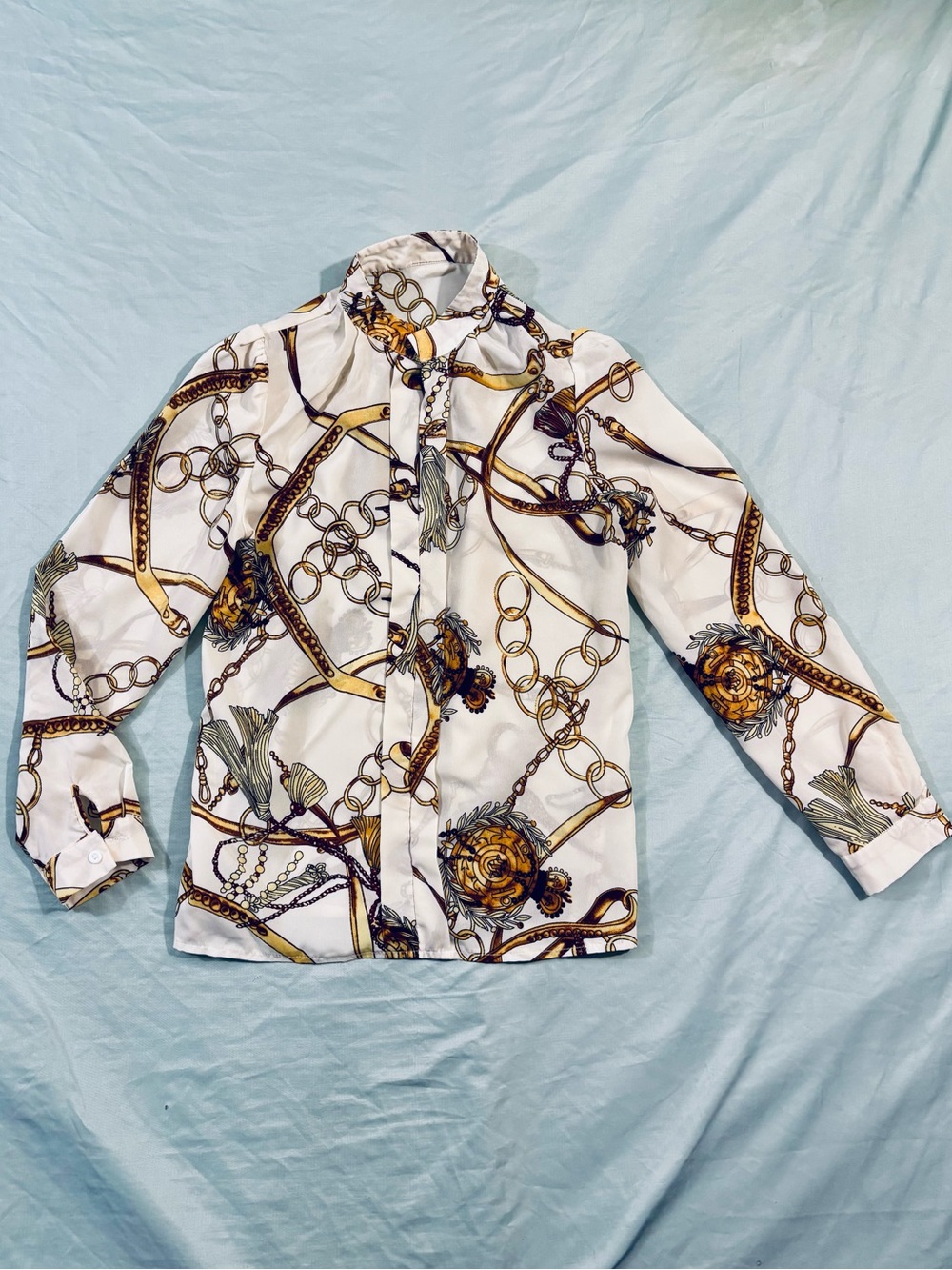 Vintage Baroque Gold Chain Print Sheer Chiffon Blouse Equestrian Scarf Print